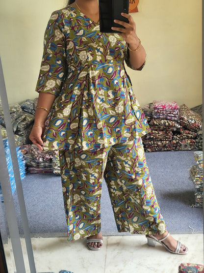 Co-ord sets in Kalamkaari feeding dark green