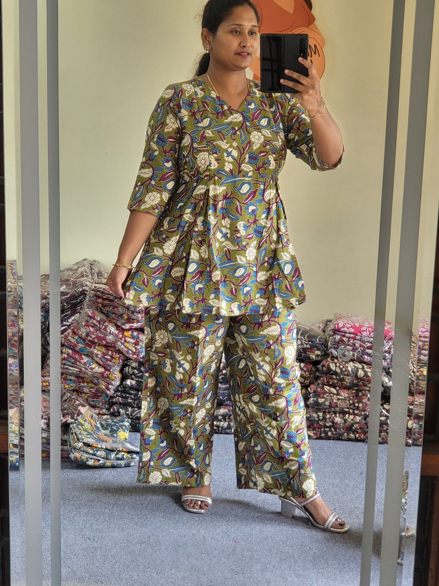 Co-ord sets in Kalamkaari feeding dark green