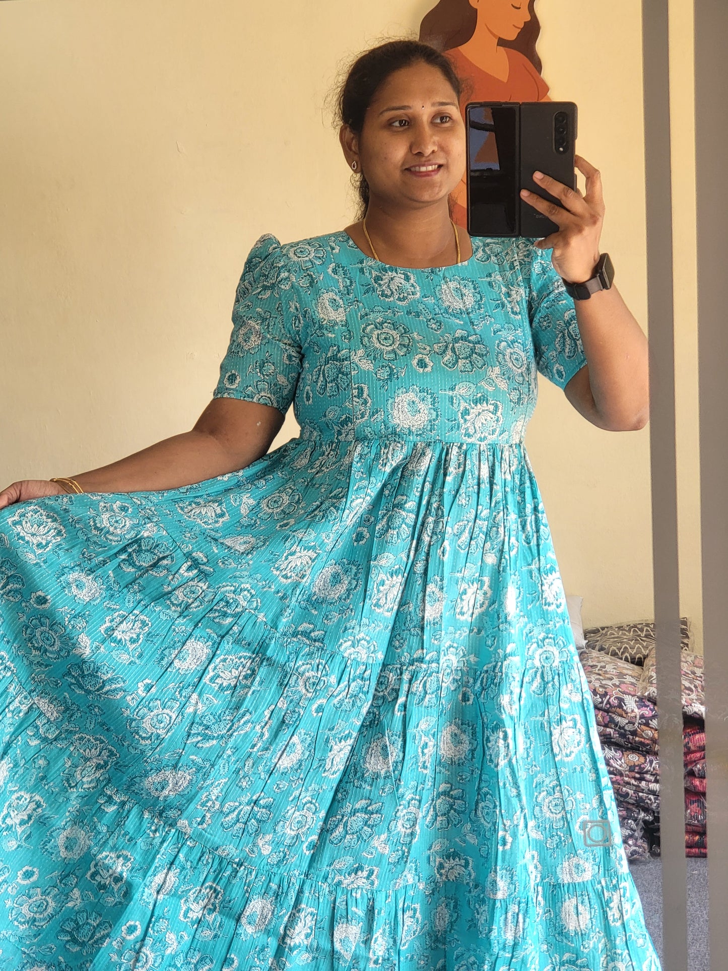 Kathawork feeding kurtis sky-blue
