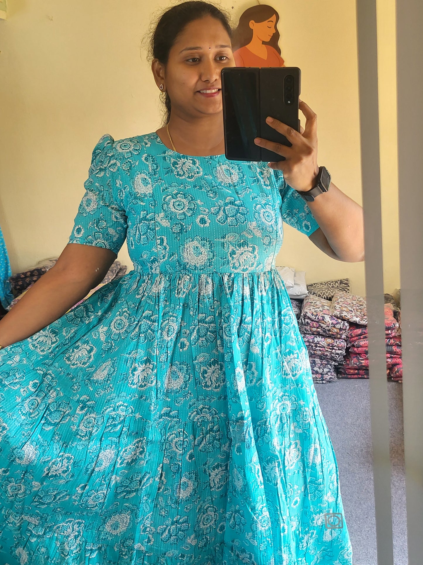 Kathawork feeding kurtis sky-blue