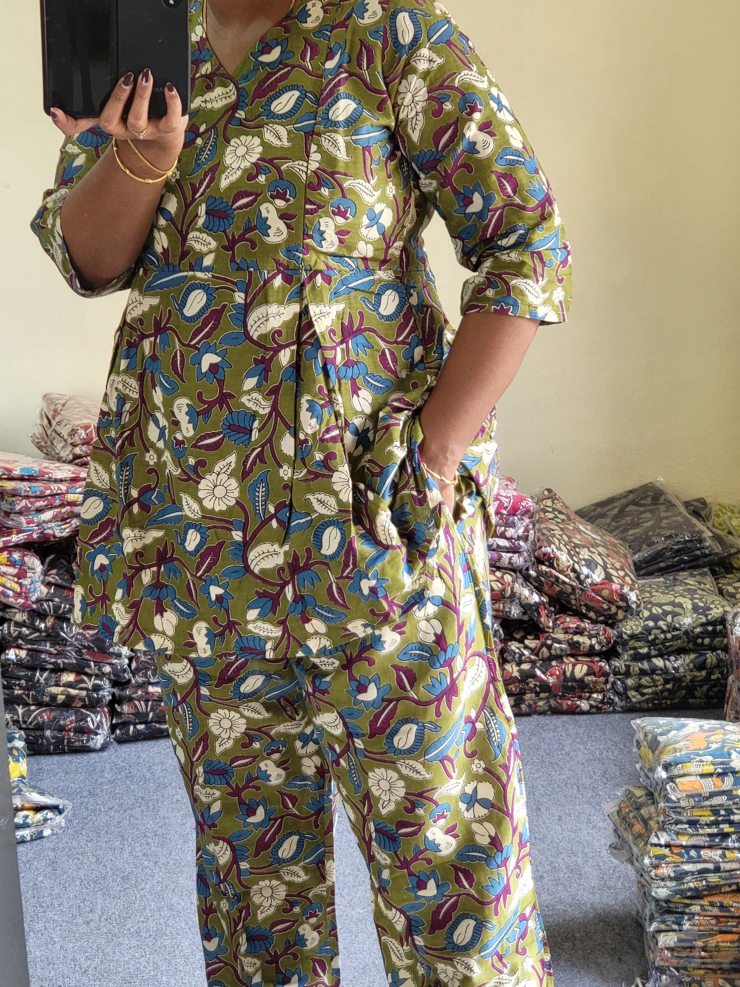 Co-ord sets in Kalamkaari feeding dark green