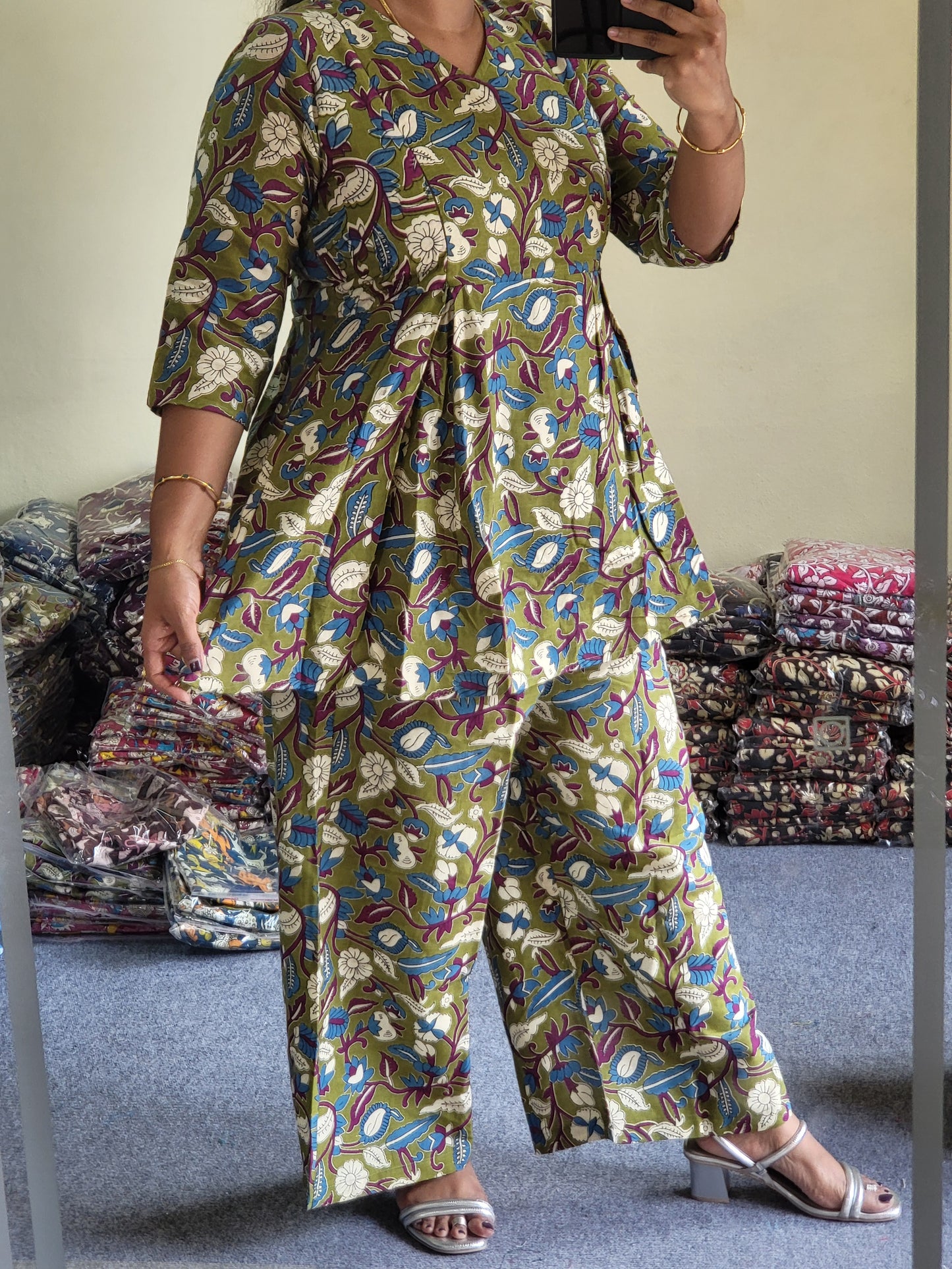 Co-ord sets in Kalamkaari feeding dark green