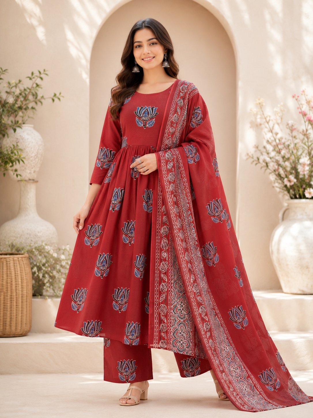 3pc set Anarkali red lotus